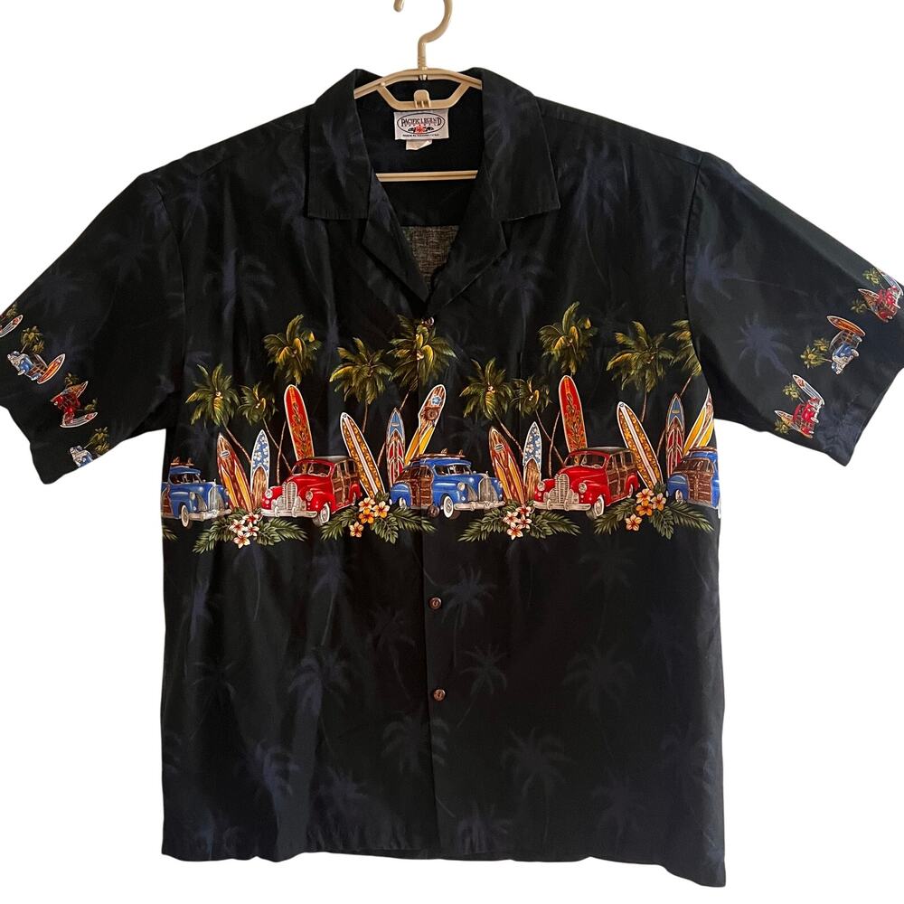 Vintage Pacific Legend Hawaiian Shirt XL Black Surf Woody Car Aloha Made in USA
